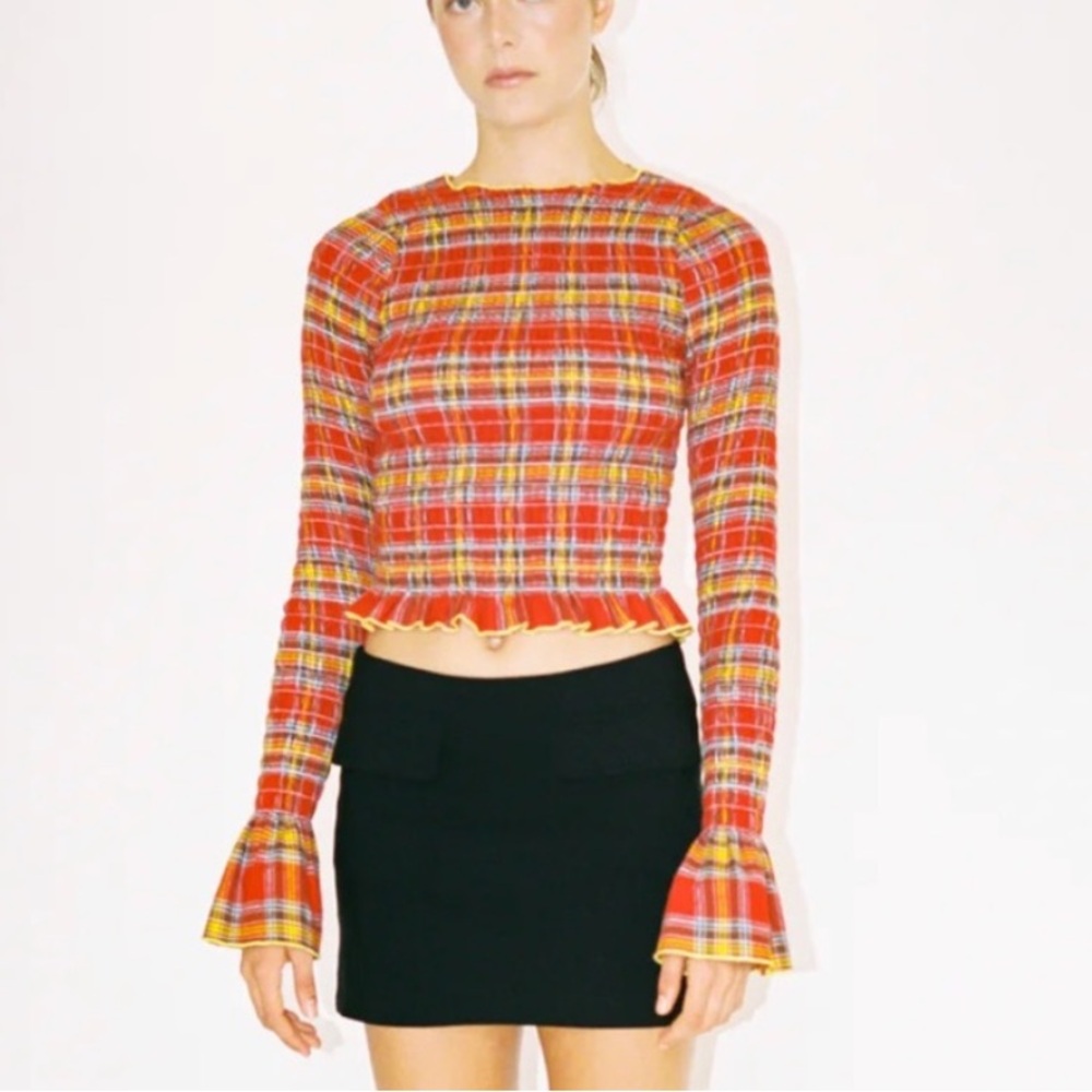 Apres studio plaid shirred top